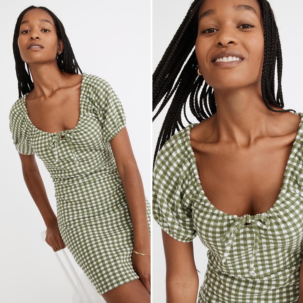 Madewell Jacquard Puff-Sleeve Mini Dress in Gingham Check Faded Plum Size XS
